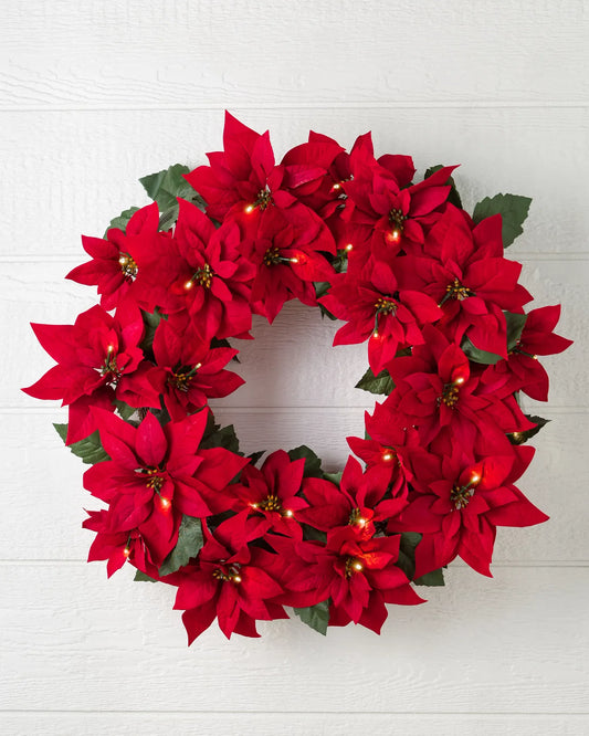 Lit Poinsettia Celebration Wreath